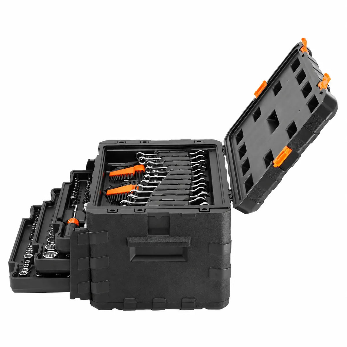 🏃Anniversary Sale⚡450-Piece Mechanics Tool Set Includes deep and standard sockets in 1/4", 3/8", and 1/2" drive sizes; also contains bits, hex keys, combination wrenches, and various accessories, all housed in a storage case