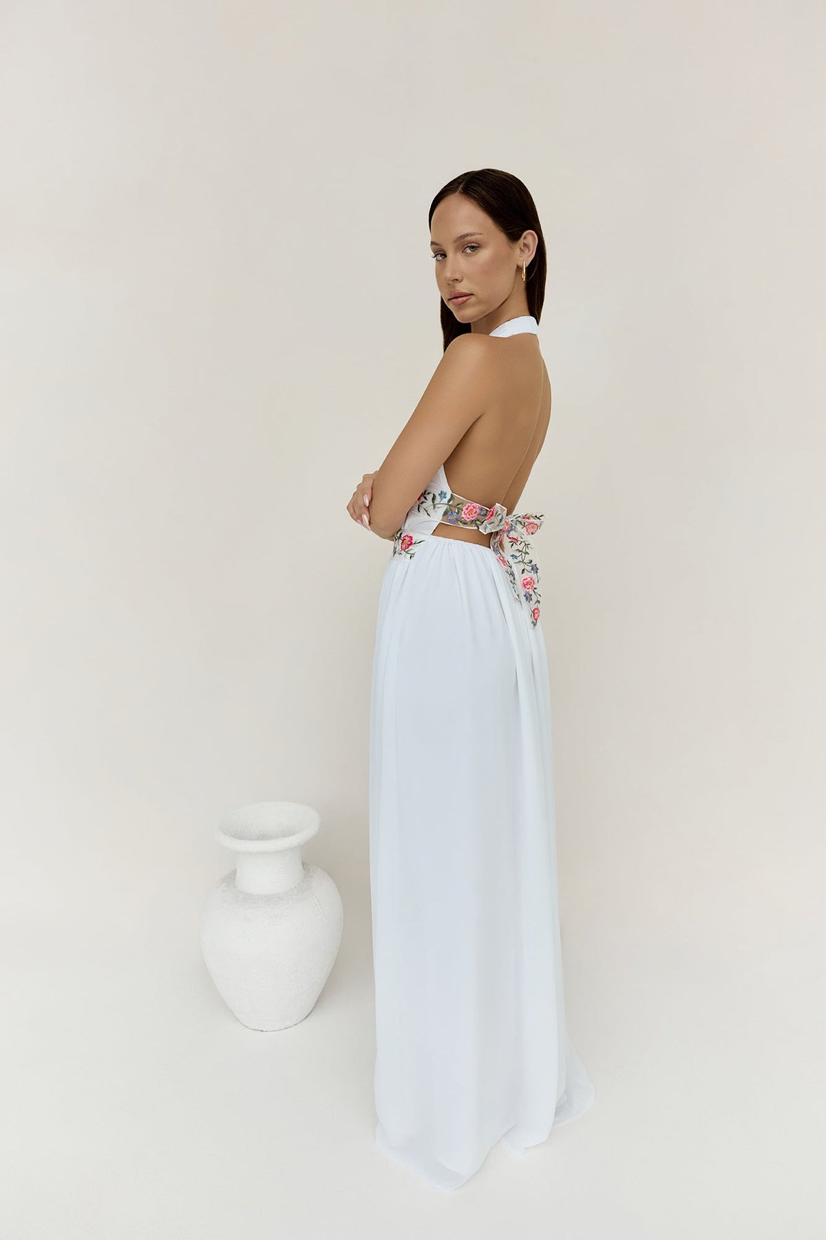 Maldives Garden Halter Maxi Dress White