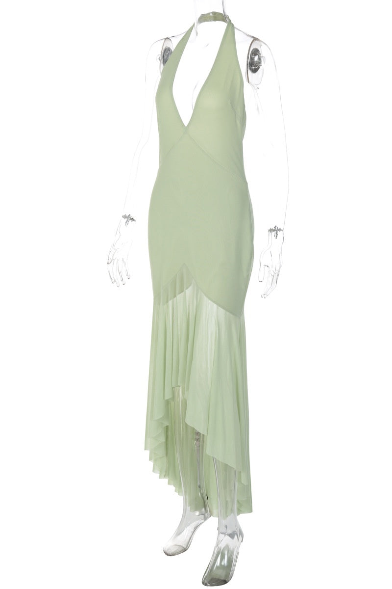 Halter Plunge Sage Fitted Maxi Dress