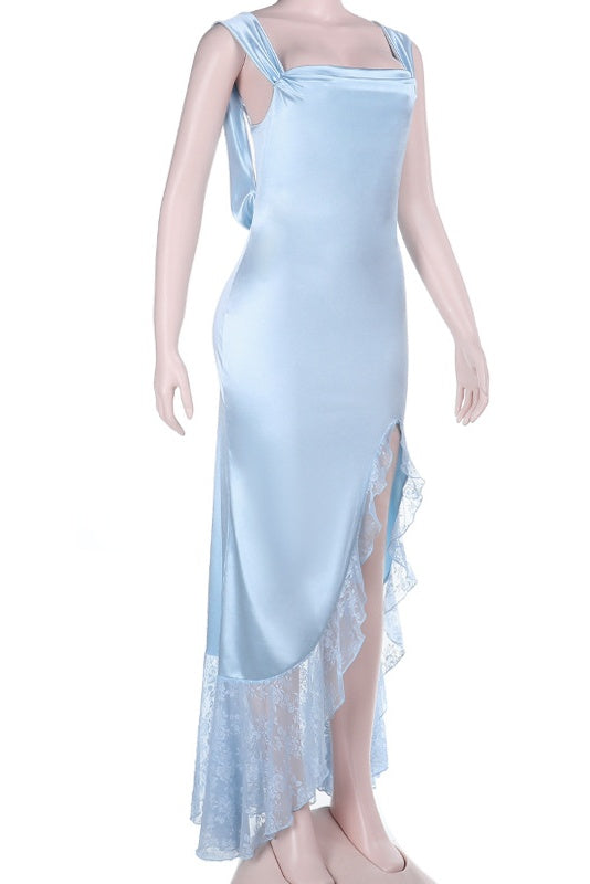 Light Blue Soft Satin Fitted Slit Dress