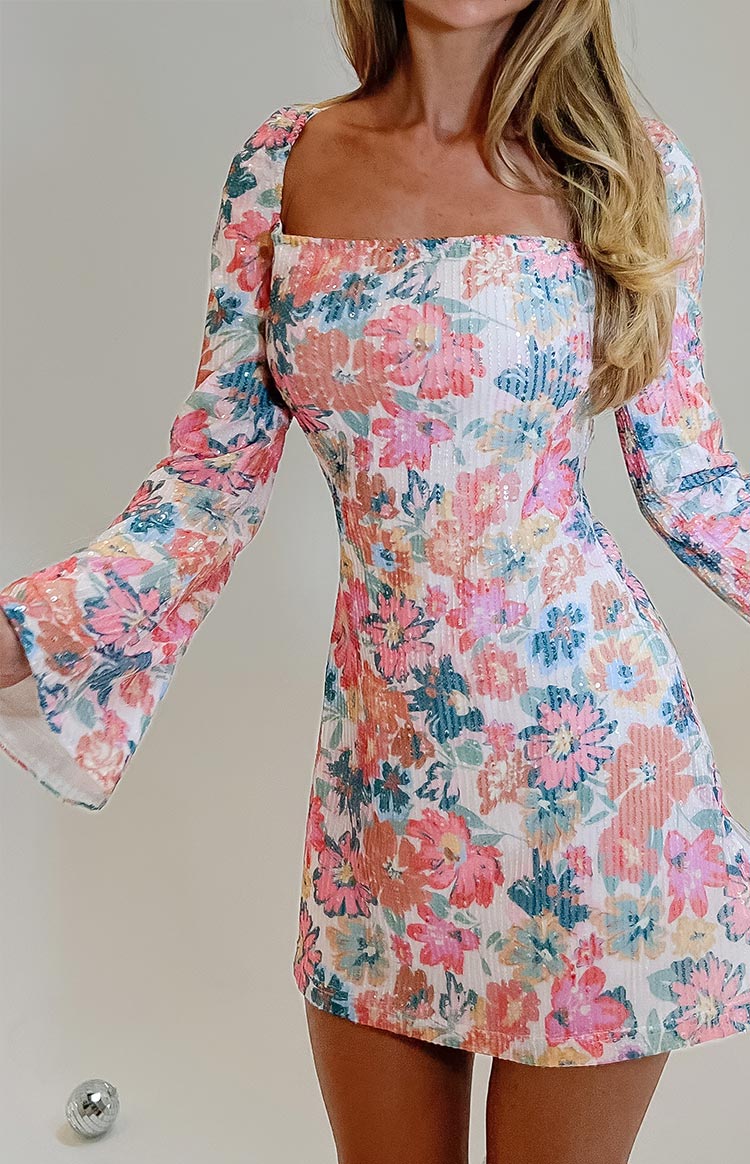 Marienne Pink Sequin Floral Print Mini Dress