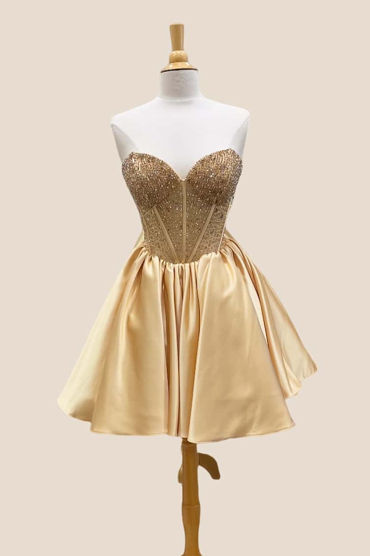 Strapless Gold Beaded Short Dress with Boning