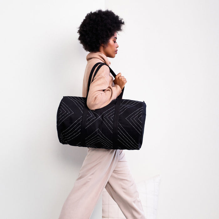 Hand-Stitched Black Weekender Duffel Bag