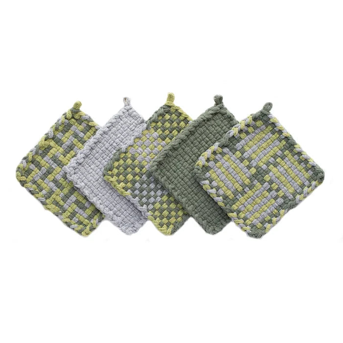 Five woven cotton potholders in Silver, Leaf, and Willow colorway arranged in a fan, made with Harrisville Designs Hiking Potholder Loops on a white background