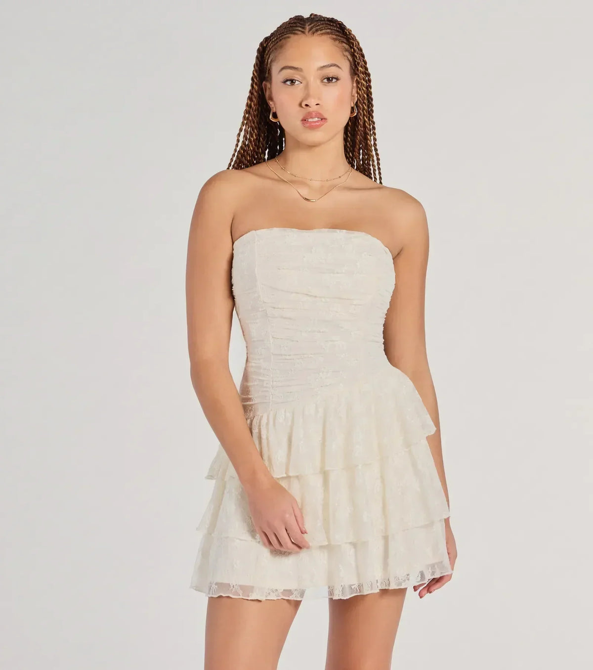 Lovely Nights Strapless Lace Ruffle Skater Dress