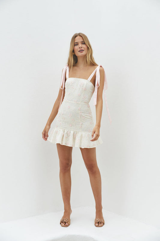 Blossom Embellish Mini Dress Cream