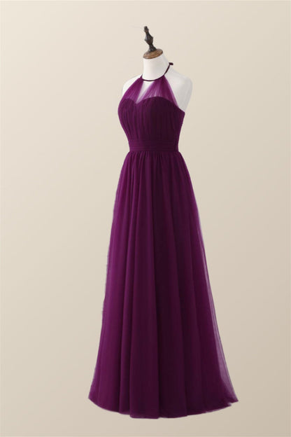 Halter Purple Tulle Long Bridesmaid Dress