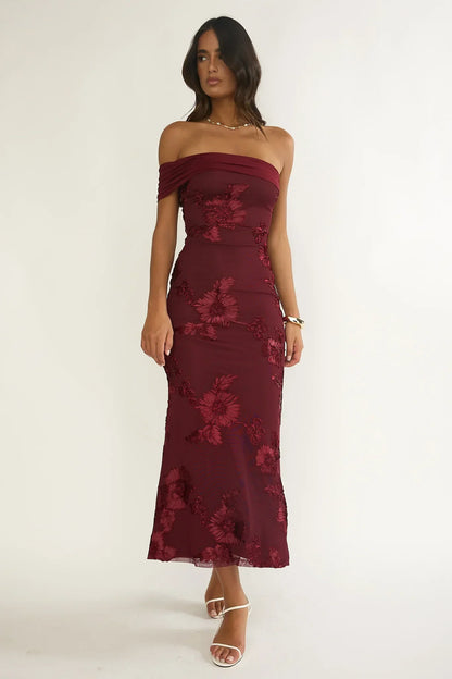 Gala One-Shoulder Maxi Dress Embellished Wine