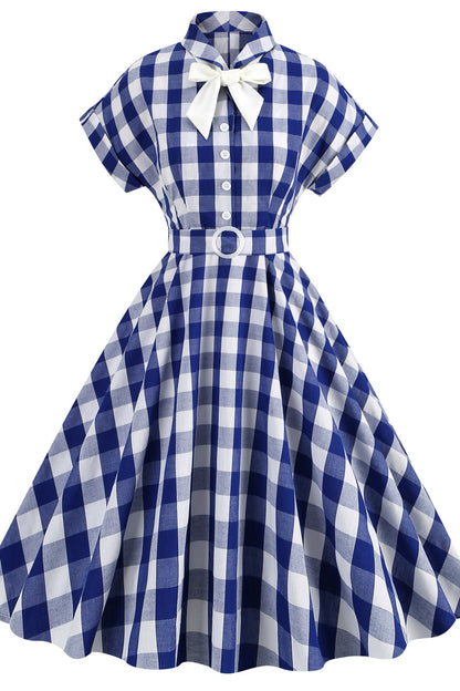 Notched Collar Pink Plaid Gingham Swing Dress