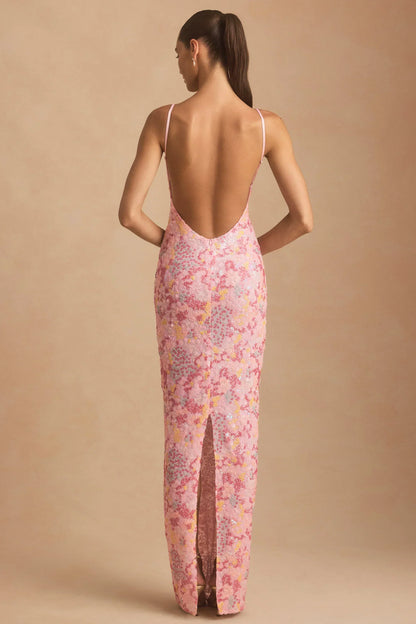 Embellished Scoop-Neck Backless Maxi Dress in Pink
