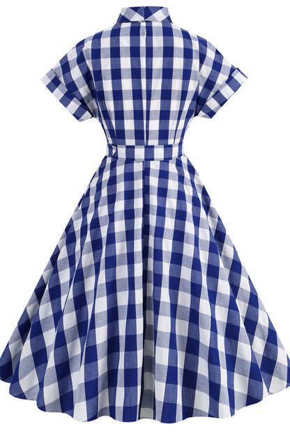 Notched Collar Pink Plaid Gingham Swing Dress