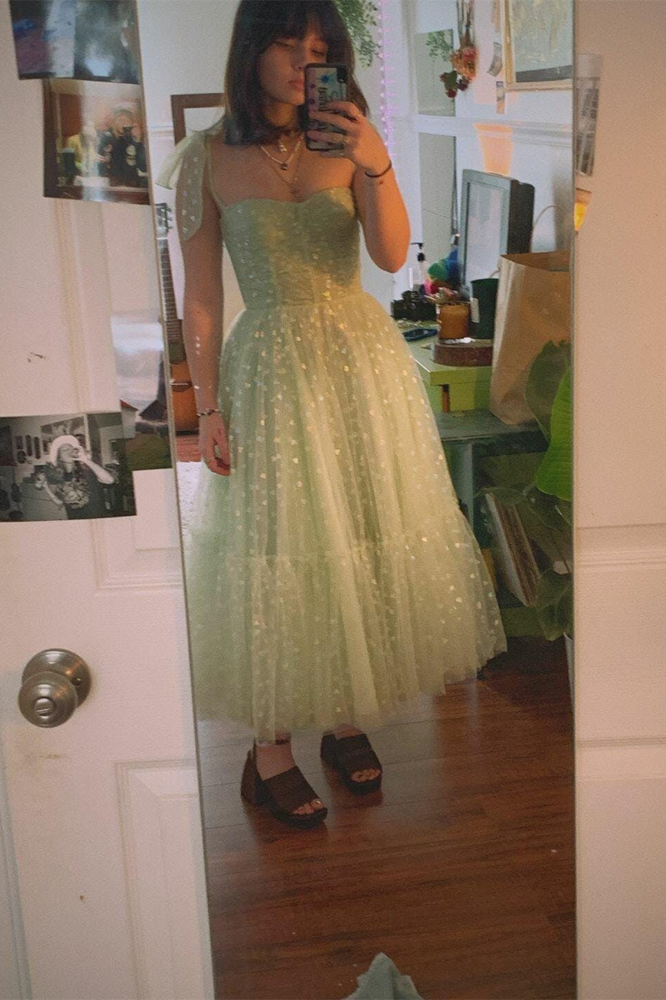 Mint Green Hearts Tea Length Dress with Straps