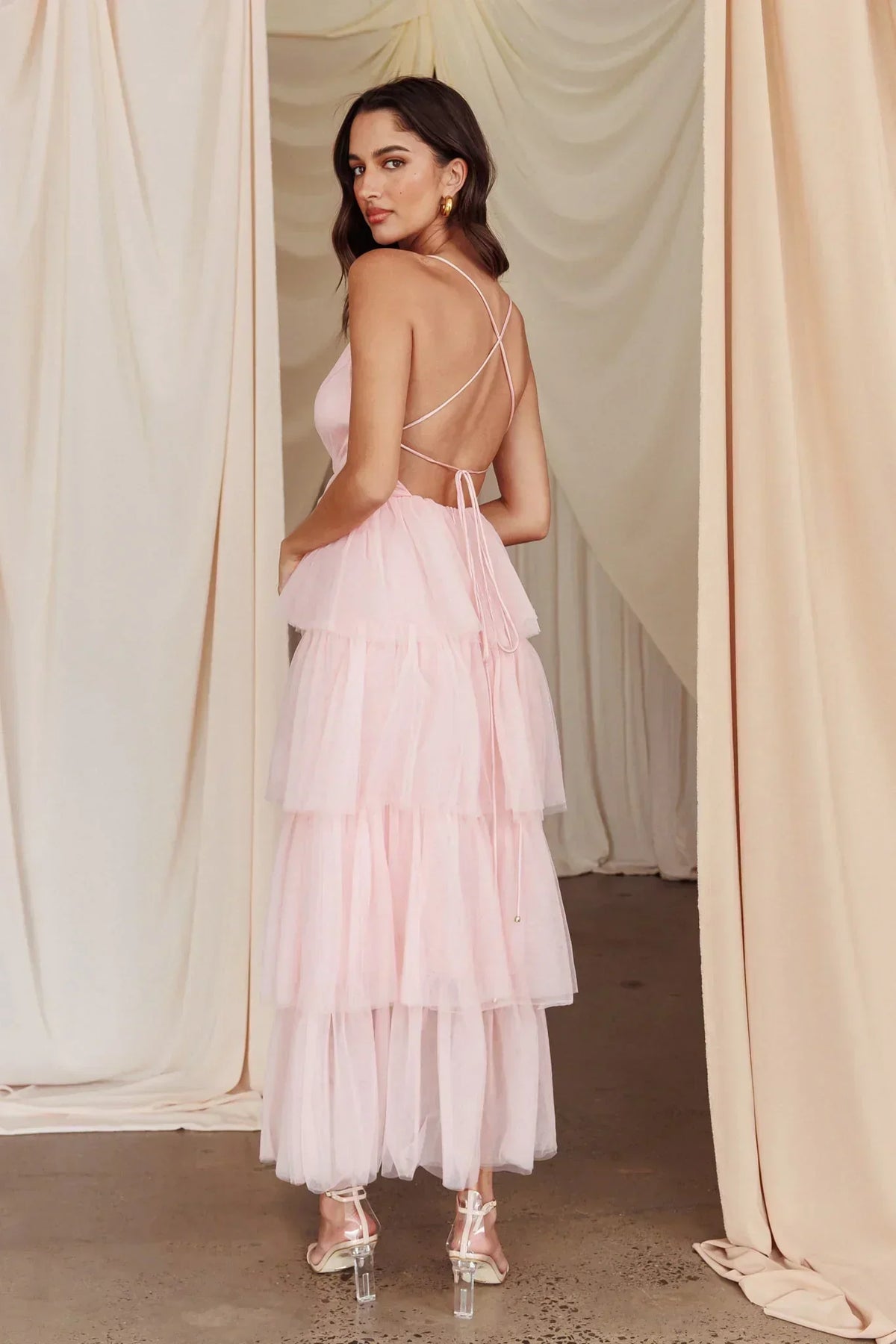 Auguste Tiered Frill Midi Dress Blush
