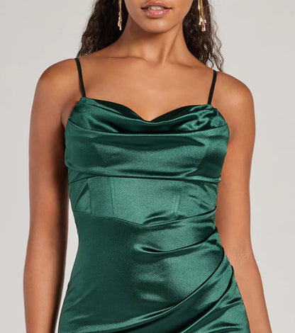 Iliana Cowl Neck High Slit Satin Column Dress