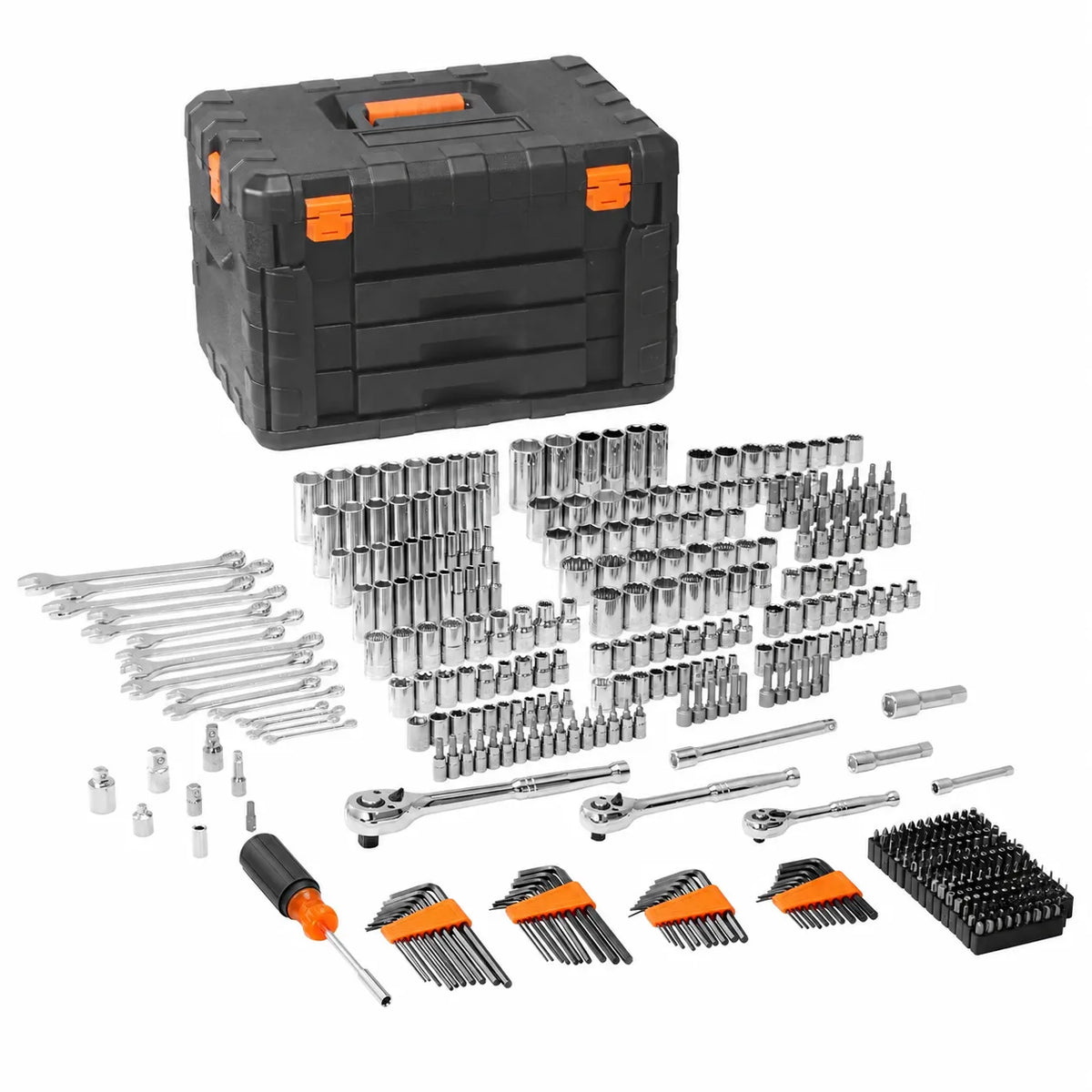 🏃‍Anniversary Sale⚡450-Piece Mechanics Tool Set Includes deep and standard sockets in 1/4", 3/8", and 1/2" drive sizes; also contains bits, hex keys, combination wrenches, and various accessories, all housed in a storage case