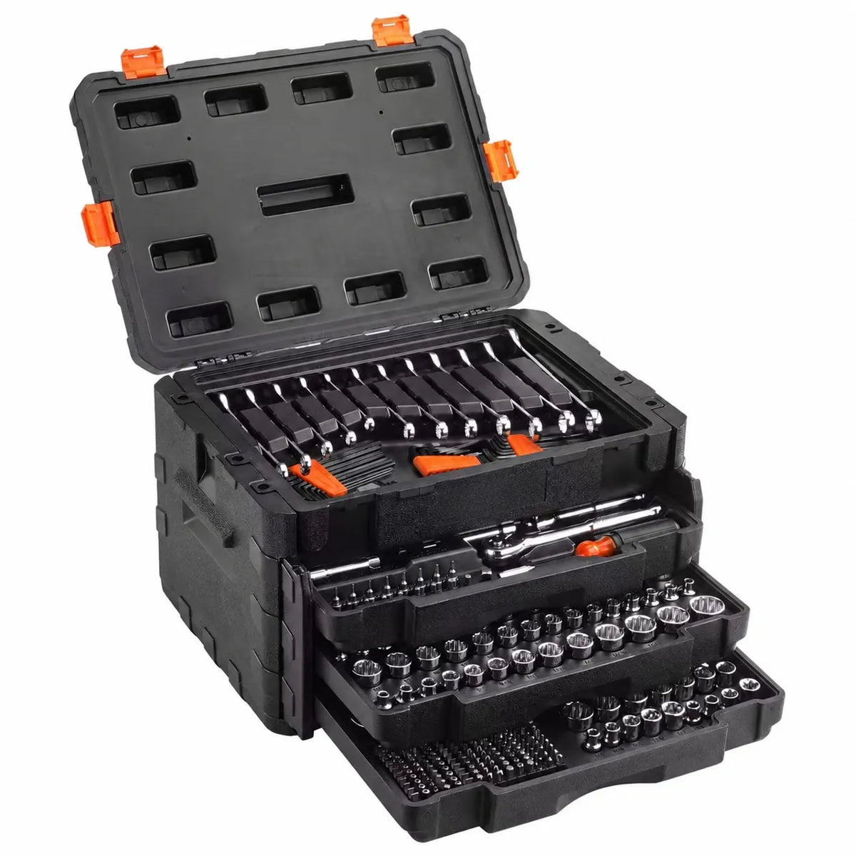 🏃‍Anniversary Sale⚡450-Piece Mechanics Tool Set Includes deep and standard sockets in 1/4", 3/8", and 1/2" drive sizes; also contains bits, hex keys, combination wrenches, and various accessories, all housed in a storage case