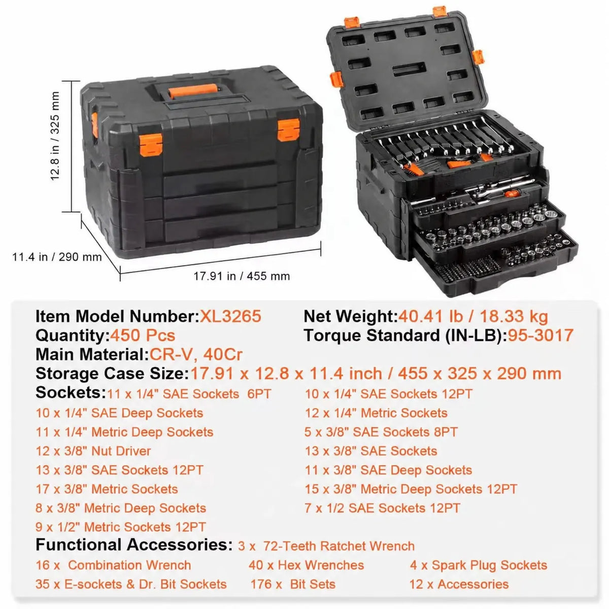 🏃‍Anniversary Sale⚡450-Piece Mechanics Tool Set Includes deep and standard sockets in 1/4", 3/8", and 1/2" drive sizes; also contains bits, hex keys, combination wrenches, and various accessories, all housed in a storage case