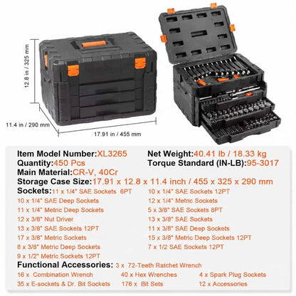 🏃‍Anniversary Sale⚡450-Piece Mechanics Tool Set Includes deep and standard sockets in 1/4", 3/8", and 1/2" drive sizes; also contains bits, hex keys, combination wrenches, and various accessories, all housed in a storage case