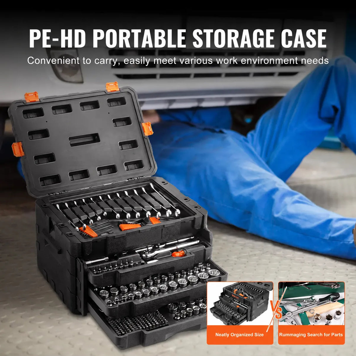 🏃‍Anniversary Sale⚡450-Piece Mechanics Tool Set Includes deep and standard sockets in 1/4", 3/8", and 1/2" drive sizes; also contains bits, hex keys, combination wrenches, and various accessories, all housed in a storage case