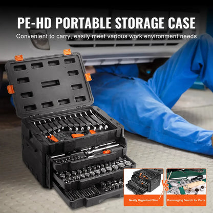 🏃‍Anniversary Sale⚡450-Piece Mechanics Tool Set Includes deep and standard sockets in 1/4", 3/8", and 1/2" drive sizes; also contains bits, hex keys, combination wrenches, and various accessories, all housed in a storage case