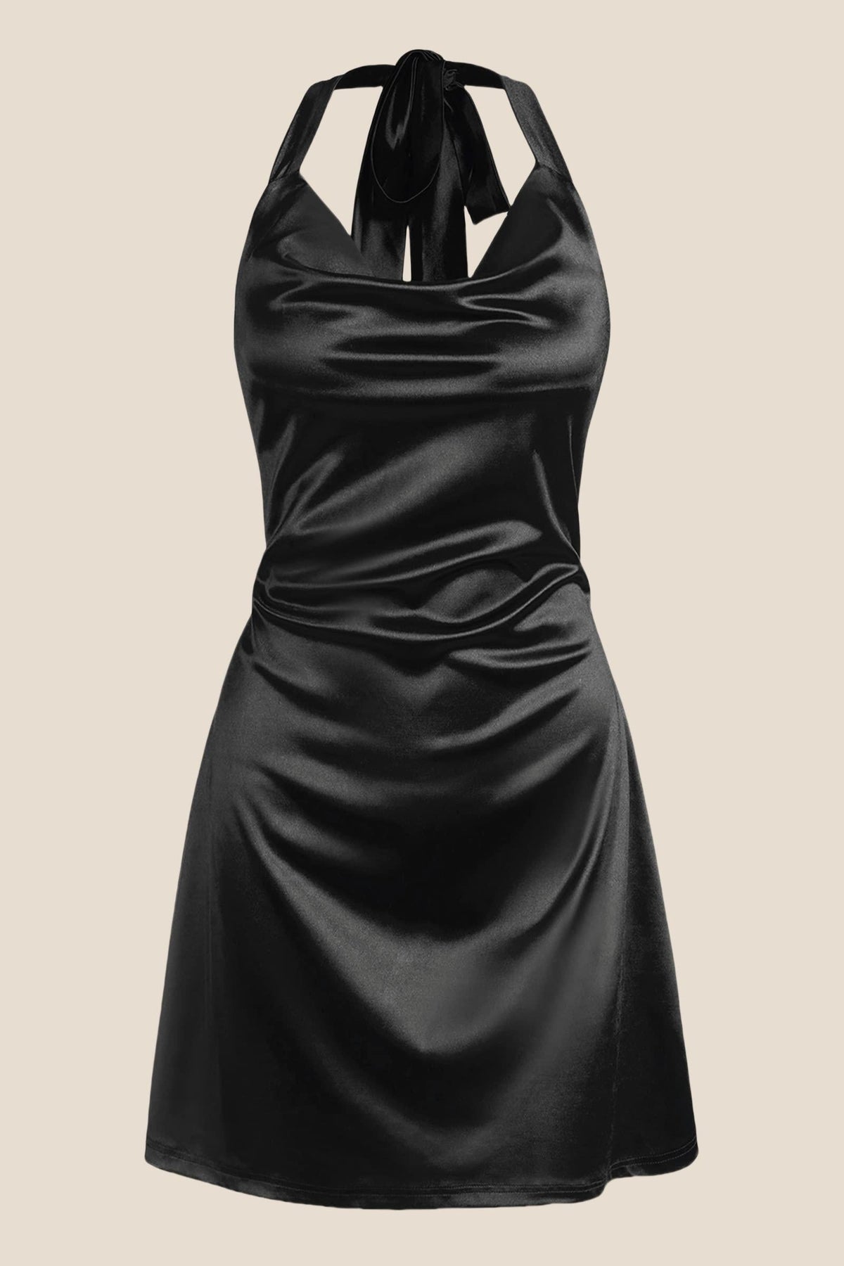 Navy Blue Cowl Neck Halter Soft Satin Mini Dress