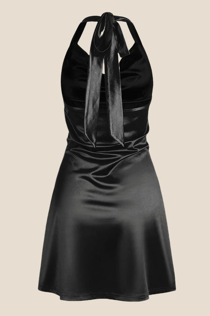 Navy Blue Cowl Neck Halter Soft Satin Mini Dress
