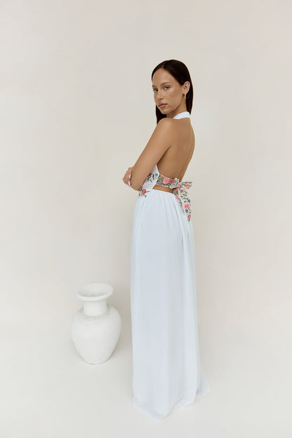Maldives Garden Halter Maxi Dress White