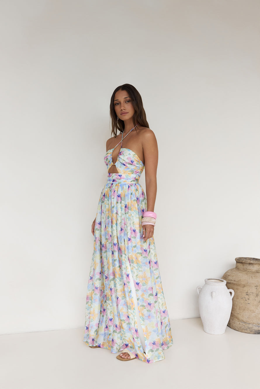 Hibiscus Hues Halter Maxi Dress Print