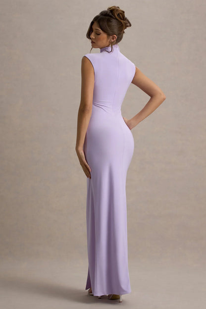 Lanetta | Lilac Ruched High-Neck Maxi Dress With Split