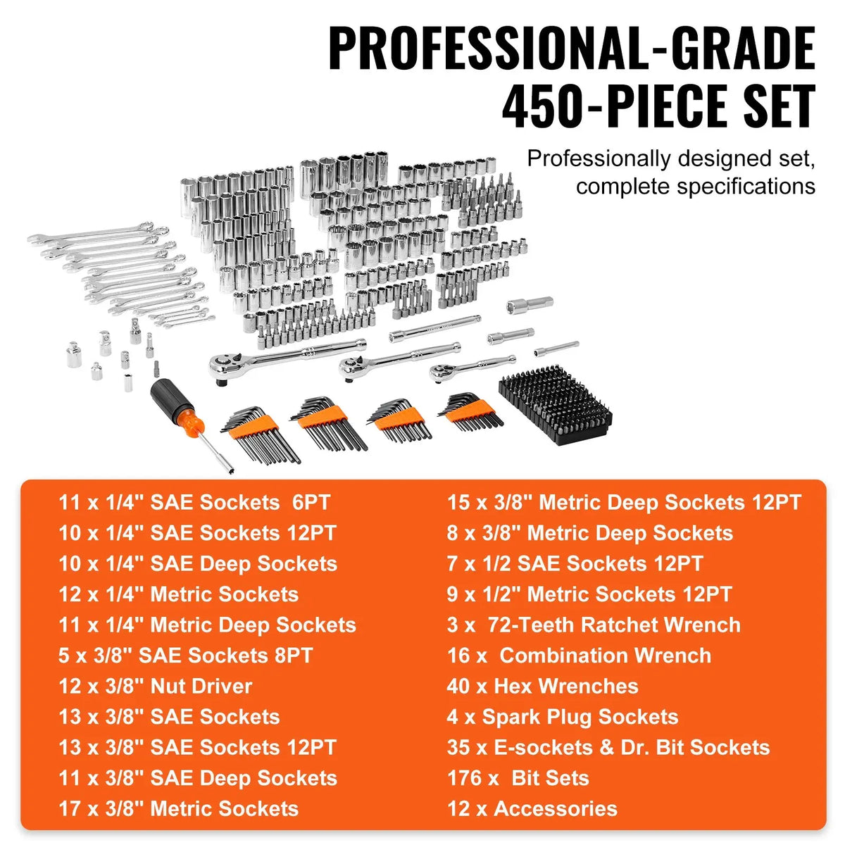 🏃‍Anniversary Sale⚡450-Piece Mechanics Tool Set Includes deep and standard sockets in 1/4", 3/8", and 1/2" drive sizes; also contains bits, hex keys, combination wrenches, and various accessories, all housed in a storage case