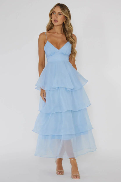Made For You Tiered Ruffle Midi Dress Blue