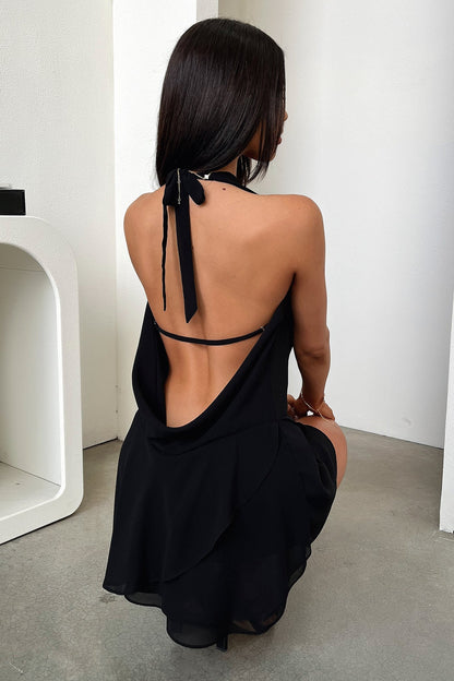 Cleo Plunge Cowl Neck Mini Dress - Black