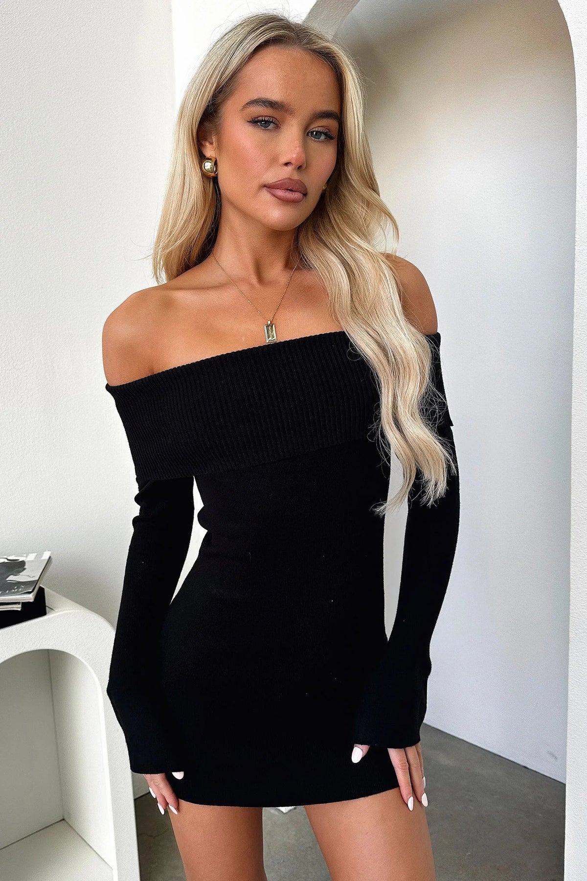 Aaliyah Off Shoulder Knit Mini Dress - Black