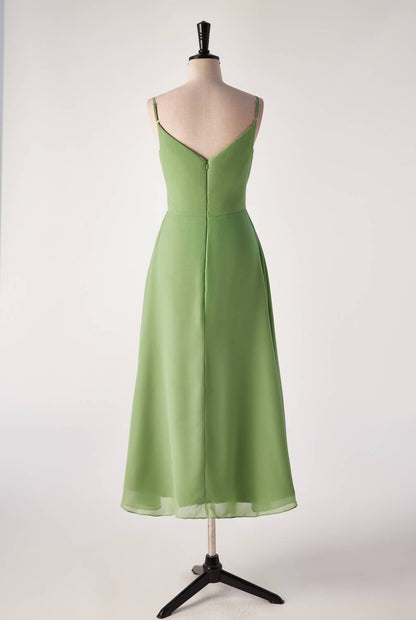 Matcha Green Straps Tea Length Bridesmaid Dress