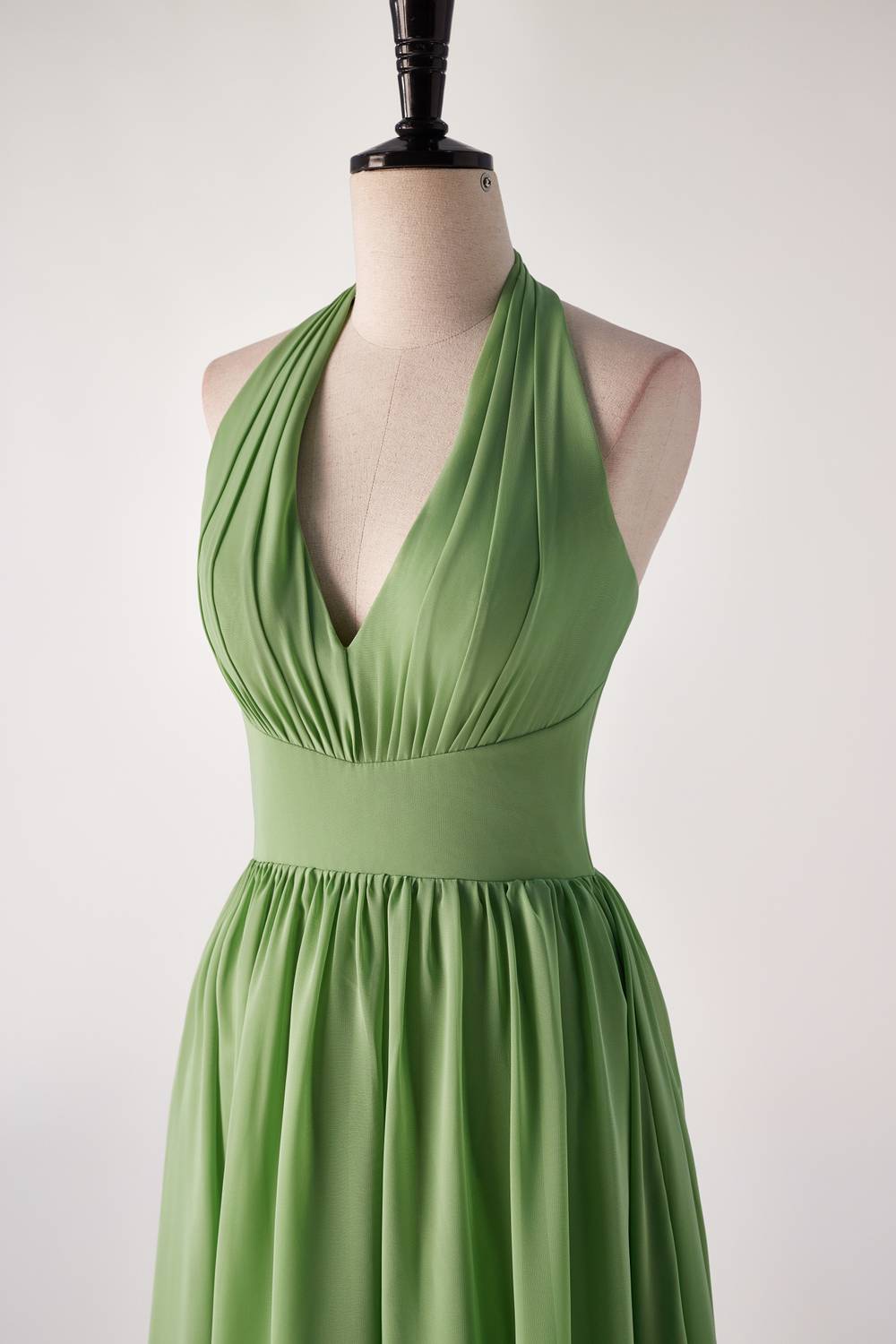 Halter V Neck Matcha Green Long Bridesmaid Dress