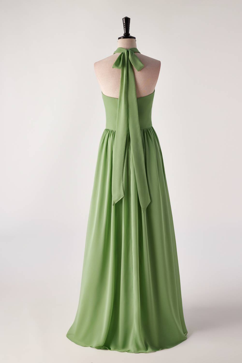 Halter V Neck Matcha Green Long Bridesmaid Dress