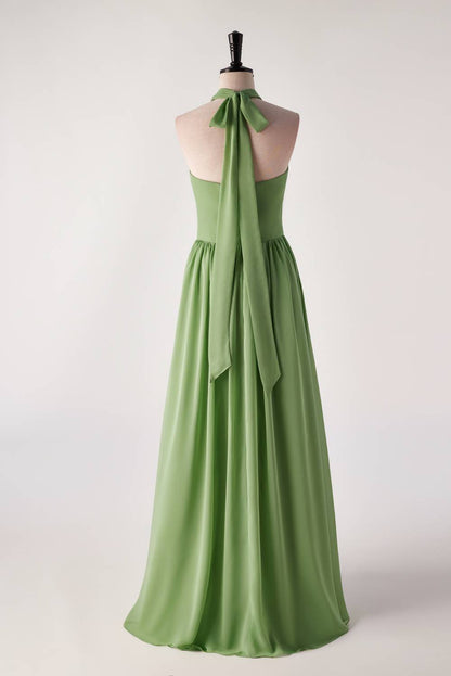 Halter V Neck Matcha Green Long Bridesmaid Dress