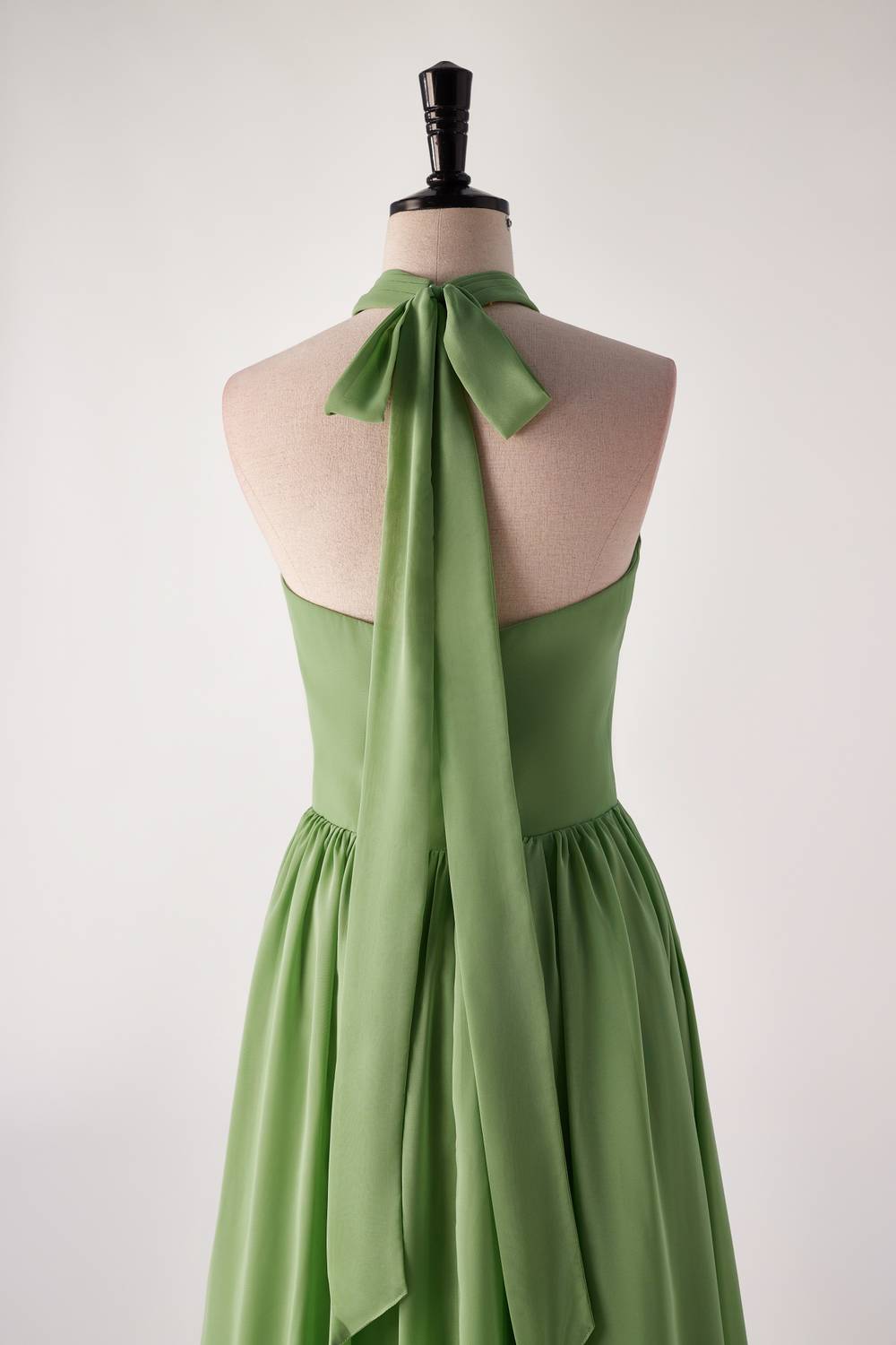 Halter V Neck Matcha Green Long Bridesmaid Dress