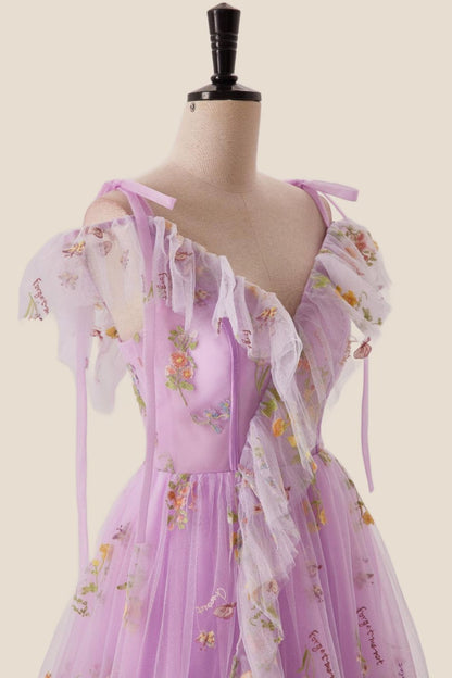 Off the Shoulder Lilac Floral Ruffles Formal Dress