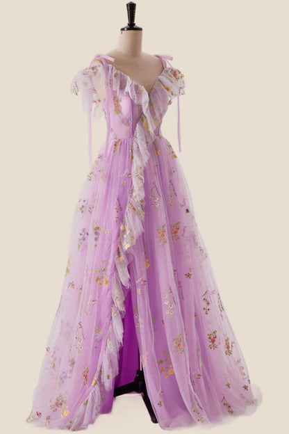 Off the Shoulder Lilac Floral Ruffles Formal Dress