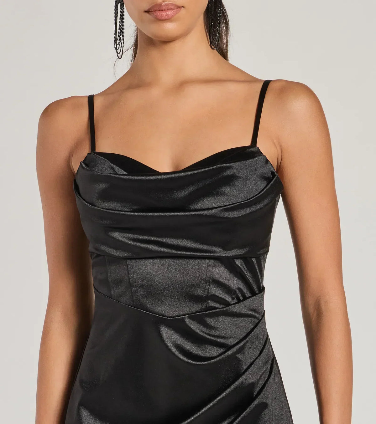 Iliana Cowl Neck High Slit Satin Column Dress