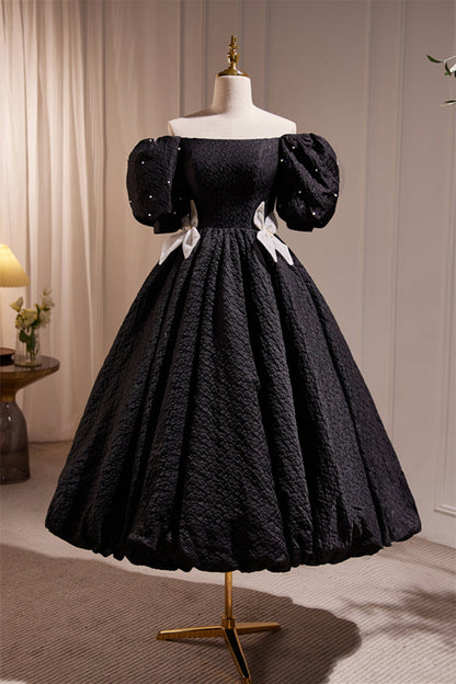 Off the Shoulder Black Tea Length Party Dress
