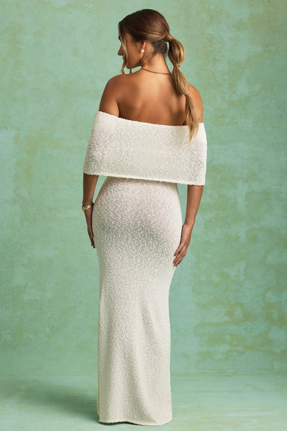 Bouclé Off-Shoulder Maxi Dress in White