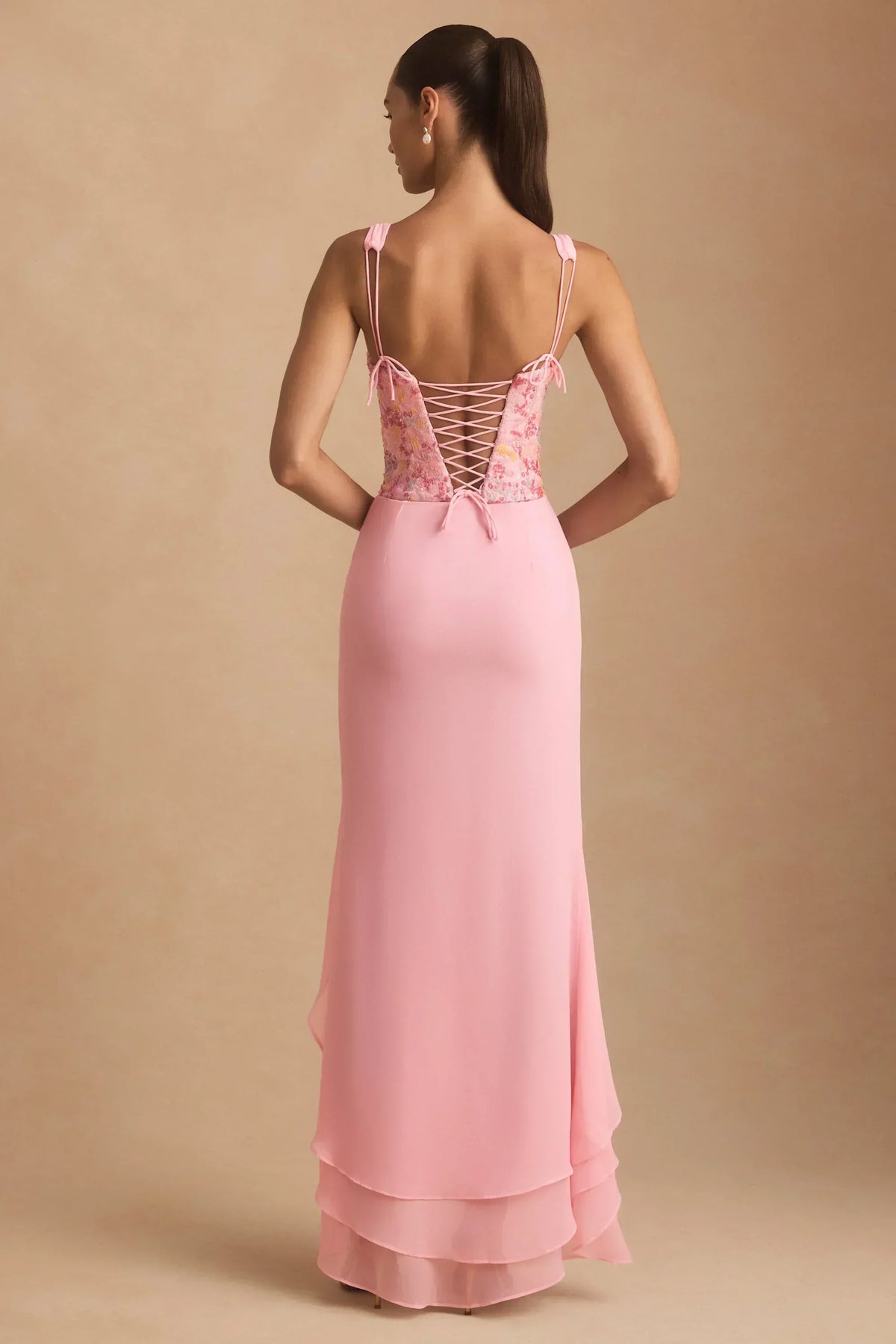 Embellished Plunge Ruffled Corset Maxi Dress in Pink