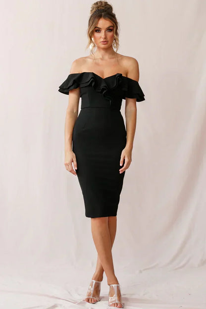 Rossi Ruffled Off The Shoulder Bodycon Dress Black