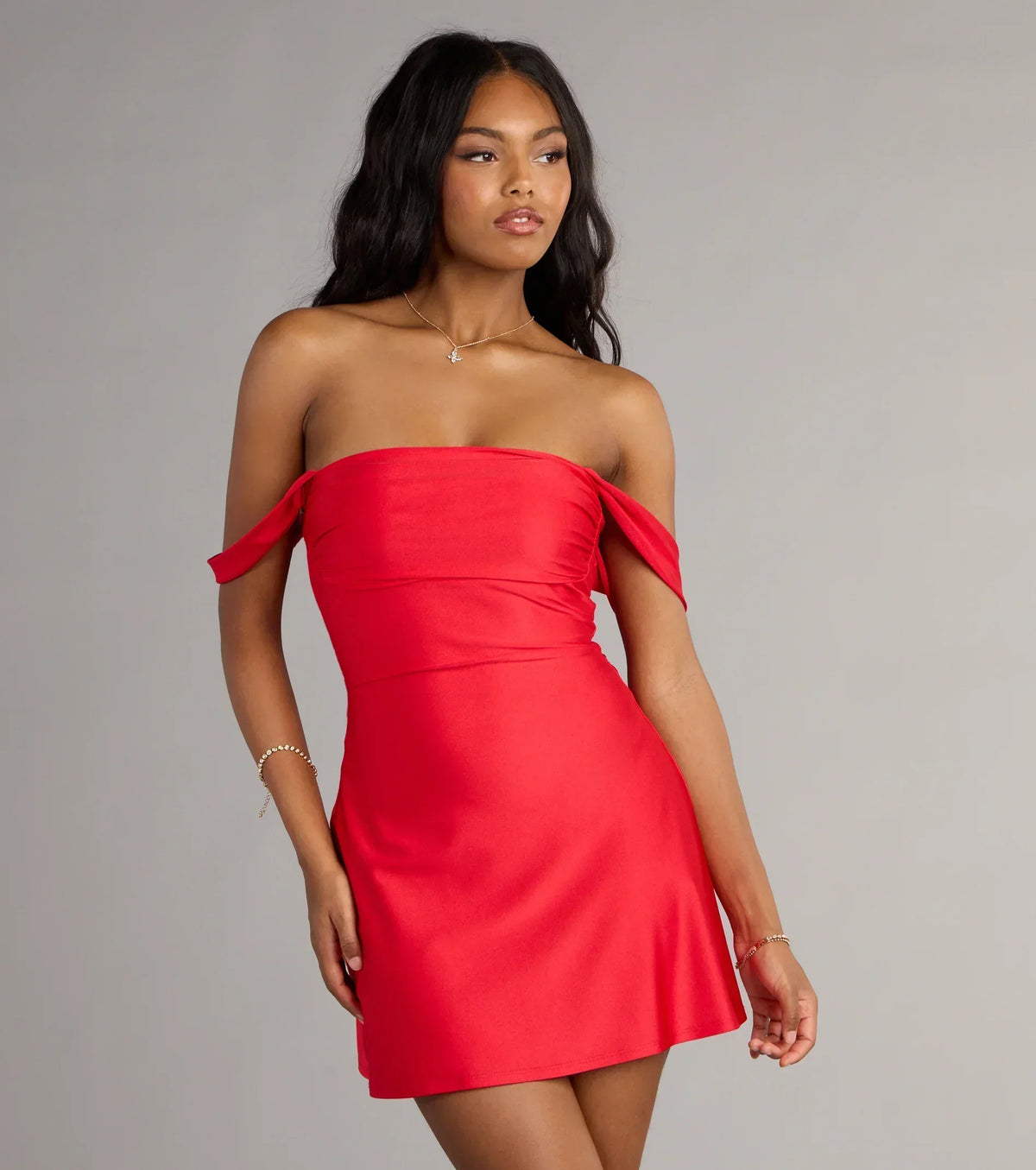 Classics Lover Off-The-Shoulder Satin A-Line Mini Dress