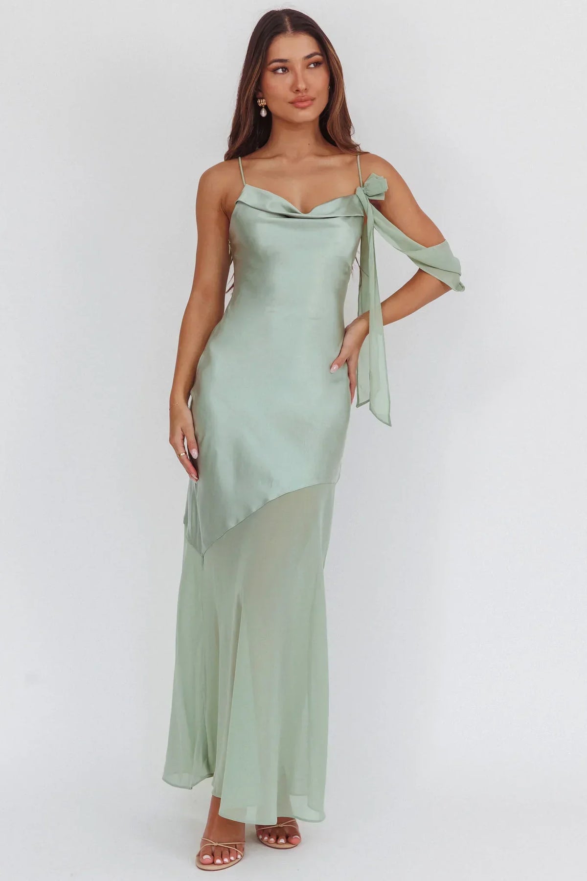 Gilded Dream Shoulder Detail Chiffon Hem Maxi Dress Sage