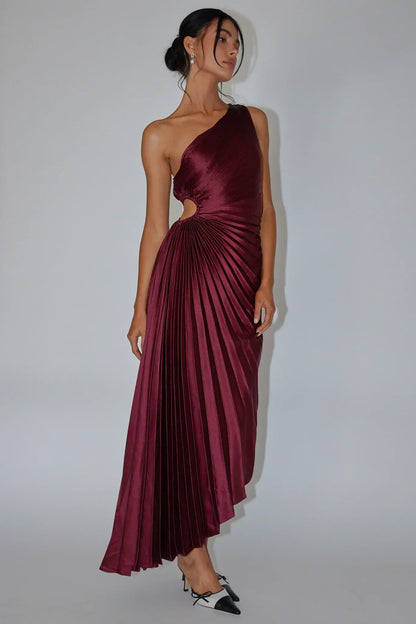 Brooklynn One-Shoulder Accordion Pleat Dress Wine