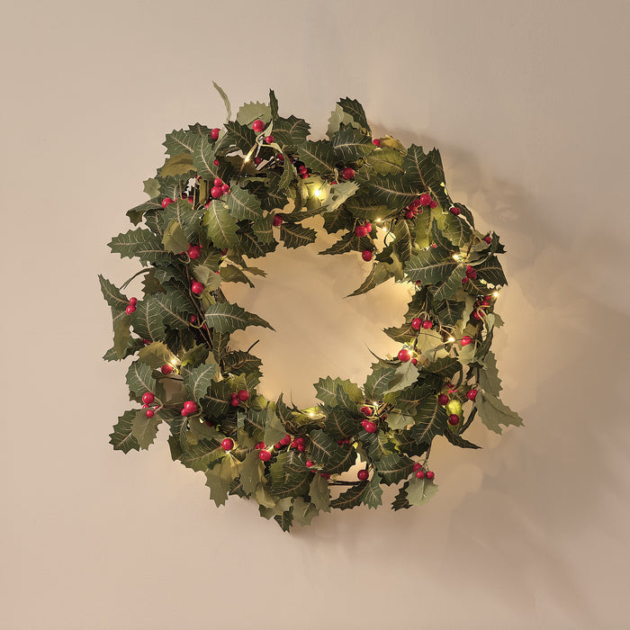 60cm Pre Lit Classic Holly Wreath