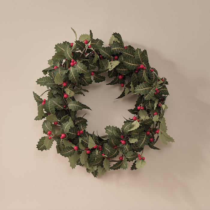 60cm Pre Lit Classic Holly Wreath